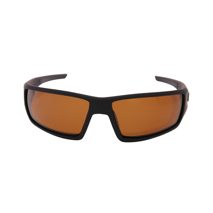 Front View of Hokky brand sunglasses with black frames and orangr mirrored lenses.