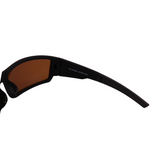 Hinges of Hokky brand sunglasses with black frames and orange mirrored lenses.