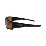 Side View of Hokky brand sunglasses with black frames and orange mirrored lenses.