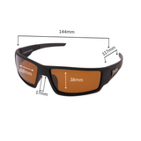 Dimension of Hokky brand sunglasses with black frames and yellow mirrored lenses.