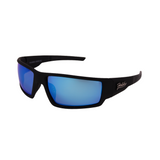 A pair of Hokky brand sunglasses with black frames and blue mirrored lenses.