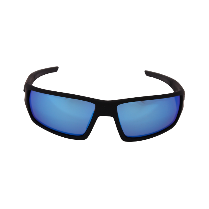 Front View of Hokky brand sunglasses with black frames and blue mirrored lenses.