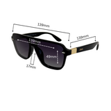 Dimension of 'Amalfi' sunglasses featuring a black frame with gold accents and dark lenses.