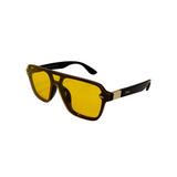 A pair of 'Amalfi' sunglasses featuring a black frame with gold accents and yellow lenses.