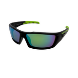 A pair of black unisex sunglasses with green accents on the arms and a polarized lens.