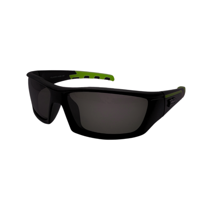 A pair of black unisex sunglasses with green accents on the arms and a polarized lens.