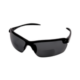 A pair of black framed bi-focal polarised sunglasses with black lenses.