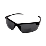 A pair of black framed bi-focal driving sunglasses with black lenses.