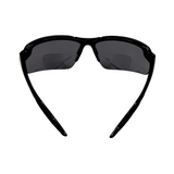 Back View of black framed bi-focal polarised sunglasses with black lenses.