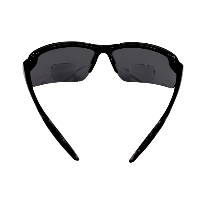 Back View of black framed bi-focal polarised sunglasses with black lenses.