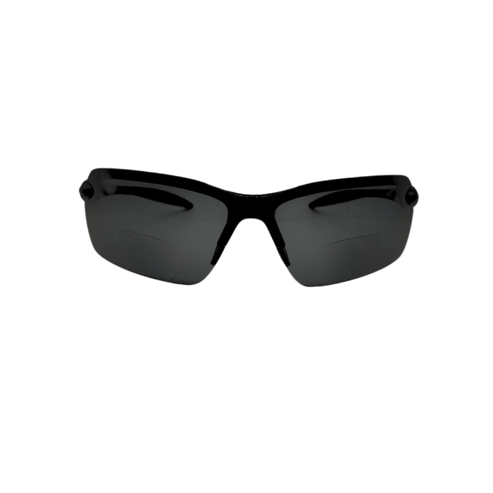 A pair of black framed bi-focal fishing sunglasses with black lenses.
