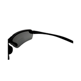 Hinges of black framed bi-focal polarised sunglasses with black lenses.