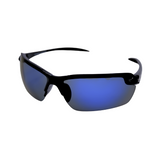 A pair of black framed bi-focal polarised sunglasses with blue lenses.