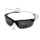 Dimension of black framed bi-focal polarised sunglasses with black lenses.
