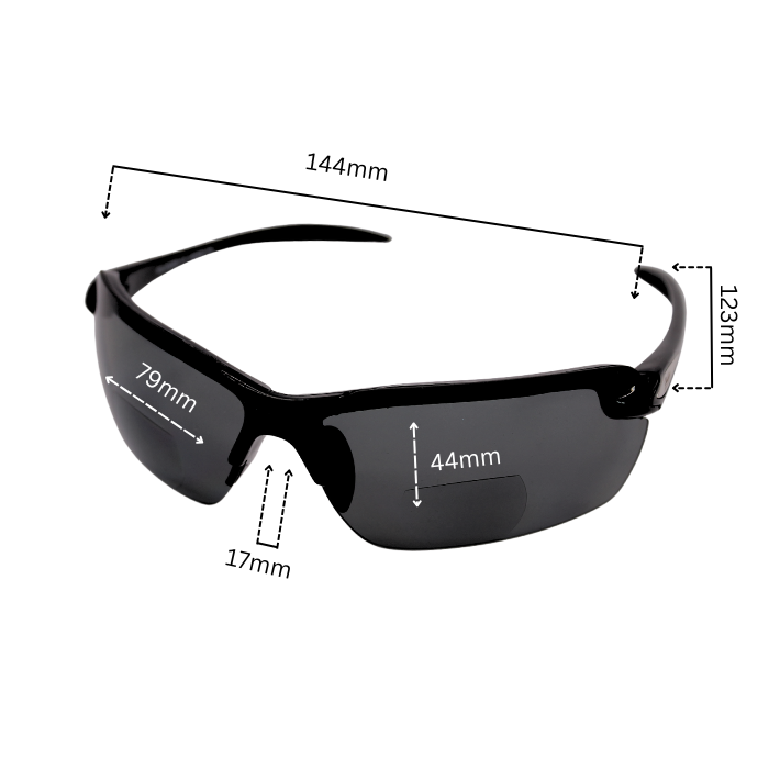Dimension of black framed bi-focal polarised sunglasses with black lenses.