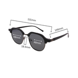 Dimension of Hokky 'Bella' sunglasses with a round frame, featuring black and gold color accents and dark lenses.