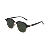 A pair of Hokky 'Bella' sunglasses with a round frame, featuring black and gold color accents and dark lenses.