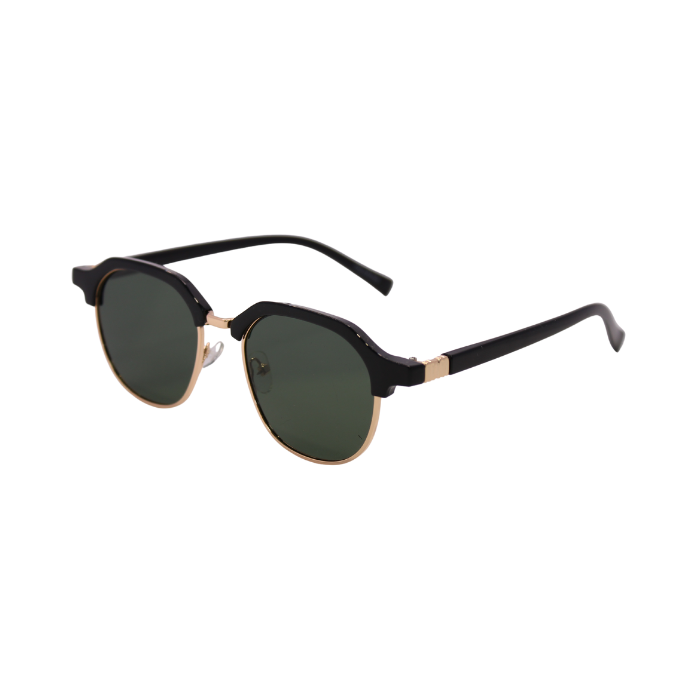 A pair of Hokky 'Bella' sunglasses with a round frame, featuring black and gold color accents and dark lenses.