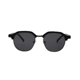 Front View of Hokky 'Bella' sunglasses with a round frame, featuring black and gold color accents and dark lenses.