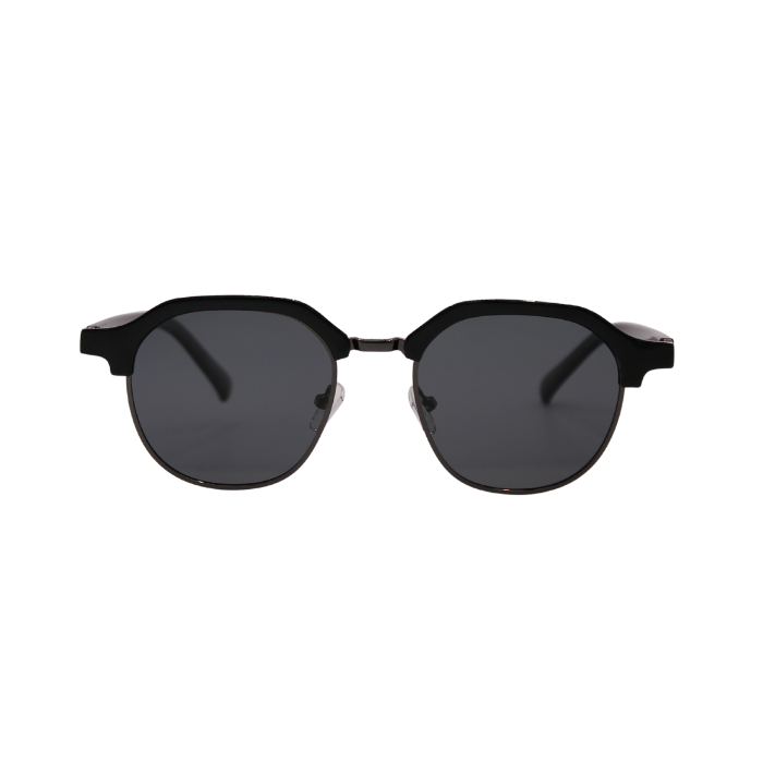 Front View of Hokky 'Bella' sunglasses with a round frame, featuring black and gold color accents and dark lenses.