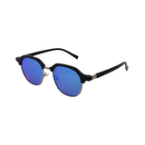 A pair of Hokky 'Bella' sunglasses with a round frame, featuring black and gold color accents and blue lenses.