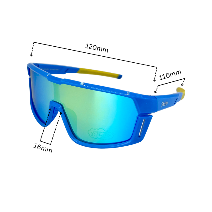 Dimension of blue frames and yellow arms, kids' sports sunglasses with polarised polycarbonate lenses.