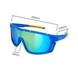 Dimension of blue frames and yellow arms, kids' sports sunglasses with polarised polycarbonate lenses.