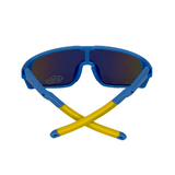 Back View of blue frames and yellow arms, kids' sports sunglasses with polarised polycarbonate lenses.