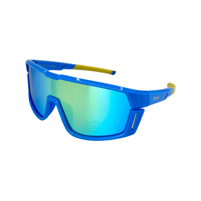 A pair of blue kids' sunglasses with polarised polycarbonate lenses and yellow accents on the arms.