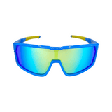A Pair of blue frames and yellow arms, kids' sports sunglasses with polarised polycarbonate lenses.