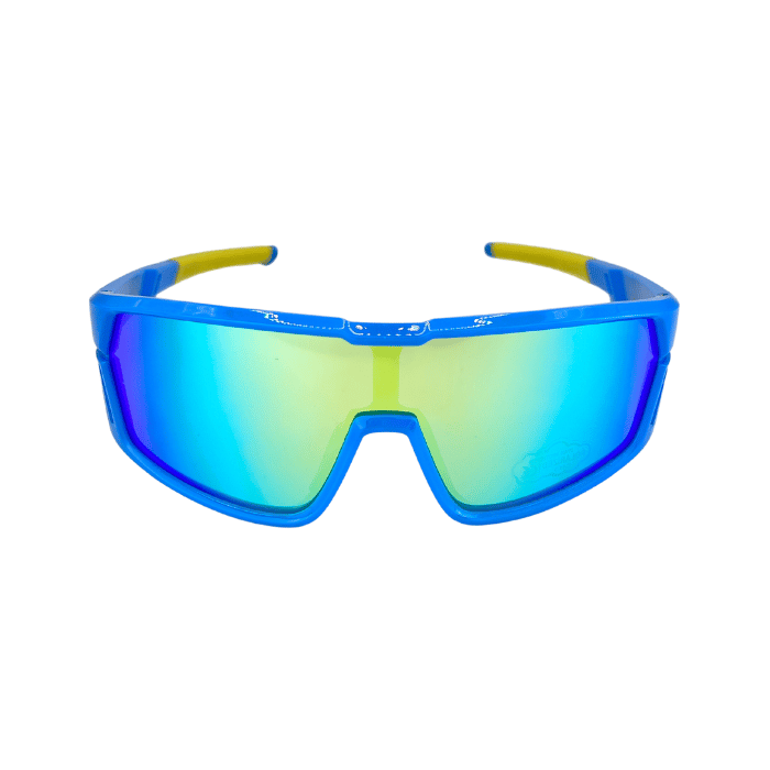 A Pair of blue frames and yellow arms, kids' sports sunglasses with polarised polycarbonate lenses.