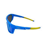 Side View of blue frames and yellow arms, kids' sports sunglasses with polarised polycarbonate lenses.