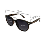 Dimension of Hokky Classic unisex sunglasses with a patterned frame in brown and black color, featuring polarized lenses.
