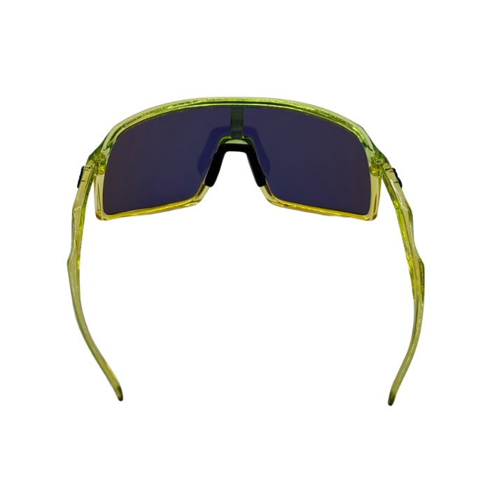 Sunglasses with green frame and dark lenses on a white background