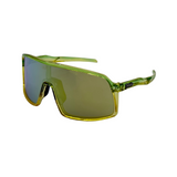 Green sunglasses with a polarised anti glare lens on a white background