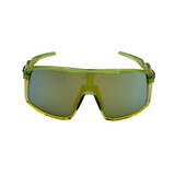 Sunglasses with a green frame and reflective uv protected lenses on a white background