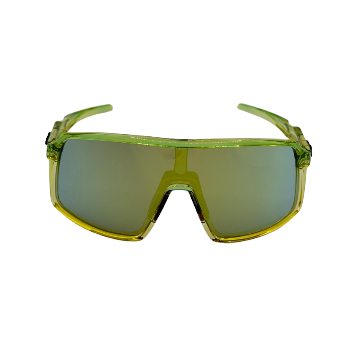 Sunglasses with a green frame and reflective uv protected lenses on a white background