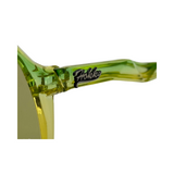Close-up of a green sunglasses frame with a brand logo on a white background