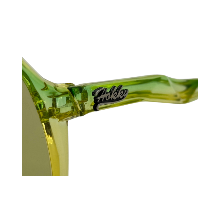Close-up of a green sunglasses frame with a brand logo on a white background