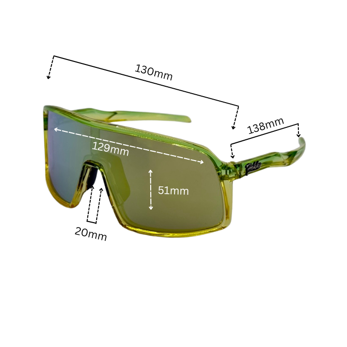 Sunglasses with dimensions marked on a white background