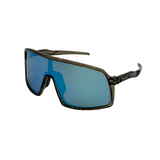 polarised Sunglasses with blue lenses and a black frame on a white background