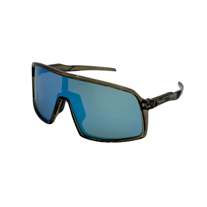 polarised Sunglasses with blue lenses and a black frame on a white background