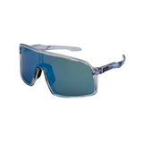 Clear frame sunglasses with blue-tinted lenses on a white background