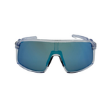 Sunglasses with blue reflective lenses and clear frame on a white background