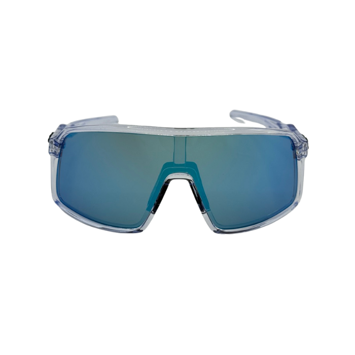 Sunglasses with blue reflective lenses and clear frame on a white background