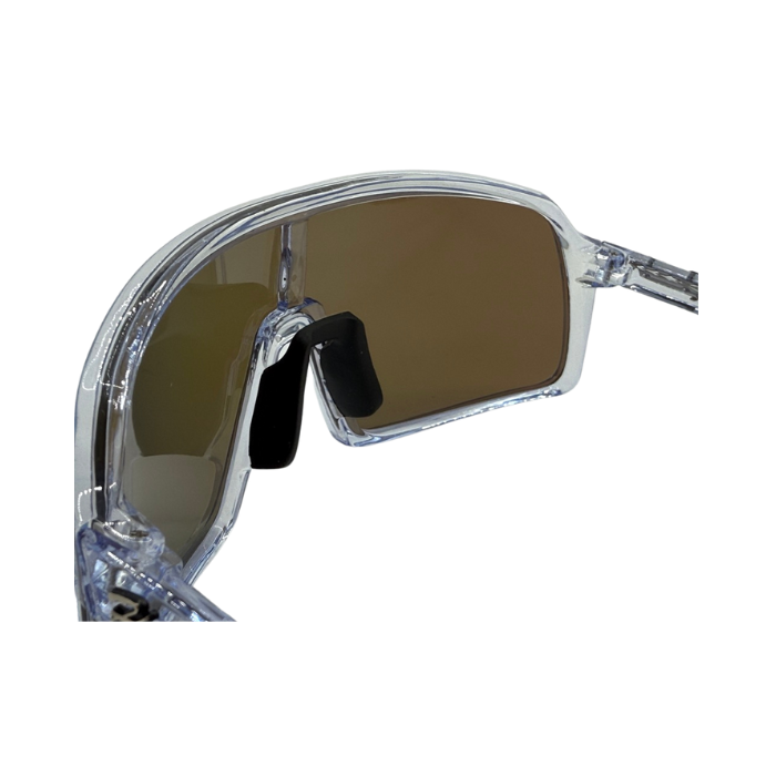 Clear frame sunglasses with brown lenses on a white background