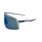 Sunglasses with blue reflective lenses and clear frame on a white background