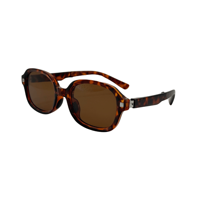 A pair of foldable, round-framed sunglasses with a patterned brown and black design and polarized lenses.