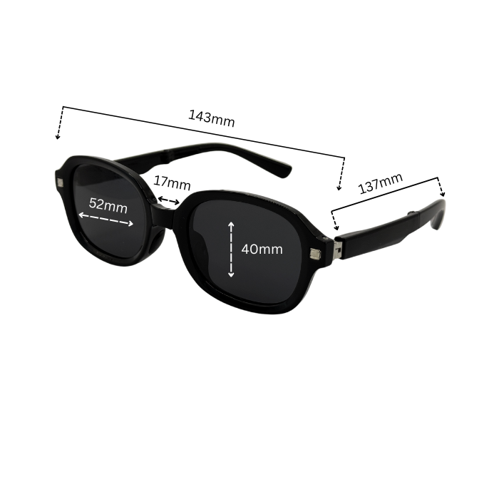 Dimension of oldable, round-framed Black Colour sunglasses and polarized lenses.