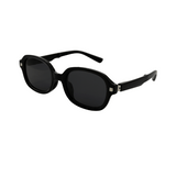 A pair of foldable, round-framed Black Colour sunglasses and polarized lenses.